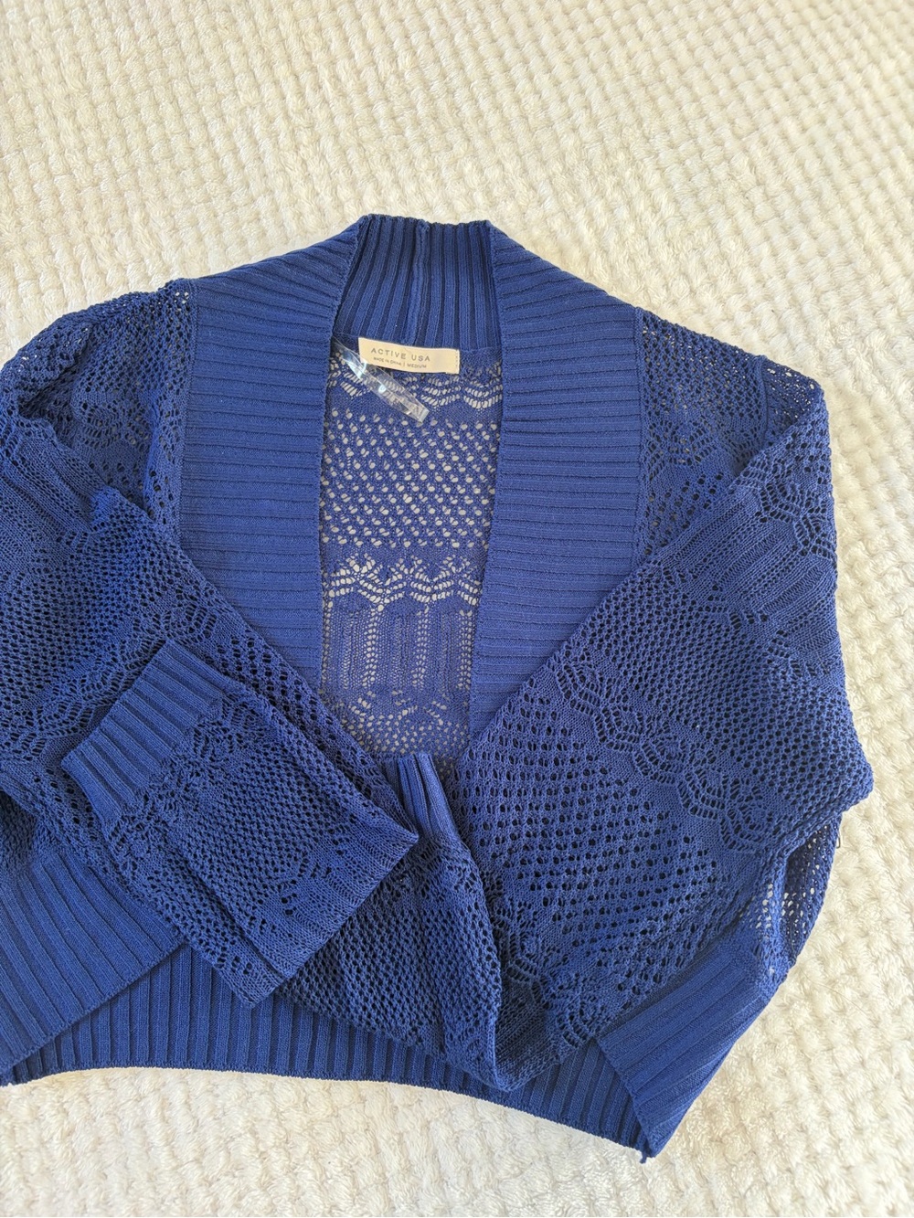 Active USA Royal Blue Open Knit Cropped Cardigan